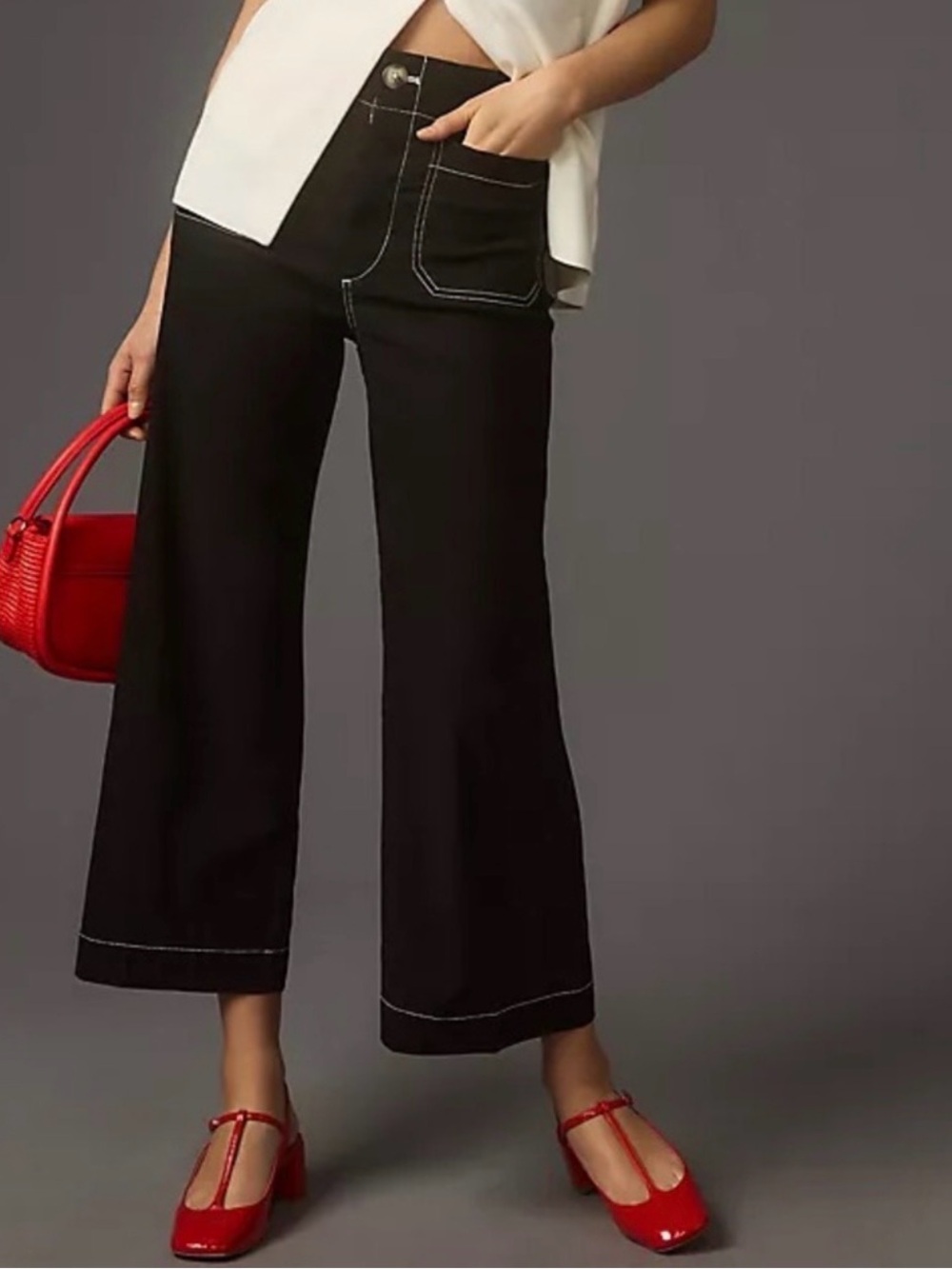 Maeve Colette Black Wide-Leg Crop Pants with Contrast Stitching